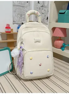 Witte studentenrugzak grote capaciteit casual schattige schooltas met kleurrijke stippen.
