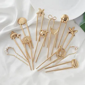 Modern Chinese Alloy Electroplated U-Shaped Hair Stick Sea Star Shell Artificial Pearl Hair Pin For Hanfu Cheongsam Women Jewelry