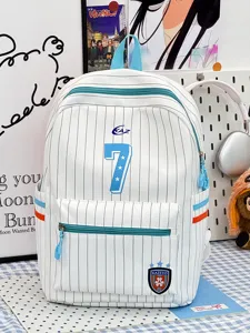 Detail view of a fresh Japanese style striped backpack with blue pinstripes and logo elements.