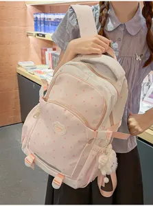 Koreaanse zoete roze rugzak met sterrenpatroon, pluche hanger en schattig wolklogo.