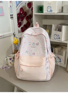 Roze ruitjes schoolrugzak voor meisjes, lichte grote capaciteit studentenrugzak.