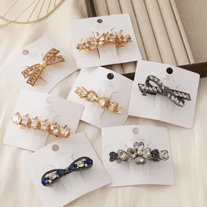 Crystal bow and flower hair clips detailed view, sparkling daily sweet hair accessories set.