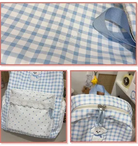Koreaanse zoete blauw-witte ruitjes rugzak schooltas met schattige puppy borduurwerk en kant.