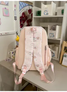 Japanse stijl roze contrast rugzak voor meisjes, schattige ruitjes banden, lichte tas.
