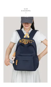 Casual navy blue canvas backpack with embroidery letters, front pocket and cute bear pendant.