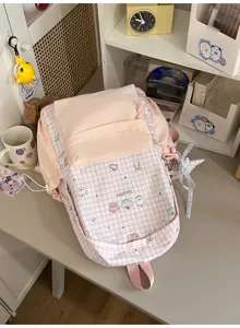 Japanse klevenblok schoolrugzak voor meisjes, schattige roze geruite studenten casual rugzak.