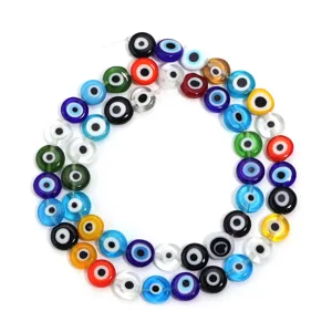 Detailed close-up shot of colorful translucent glass evil eye beads for DIY jewelry.