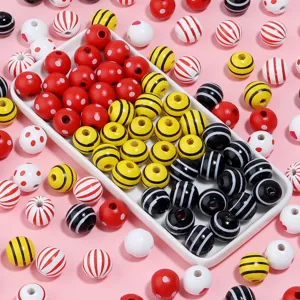 Colorful wooden dot and stripe beads for DIY phone charms, jewelry making and craft accessories.