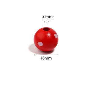 Close-up detail of a red wooden bead with white dots, showing 16mm diameter and 4mm hole.