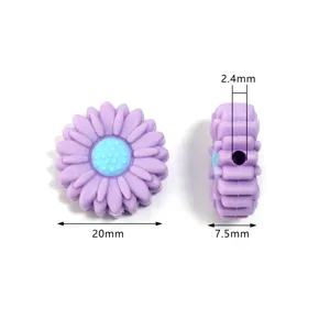 Perles marguerites en silicone, charm fleur violette 20mm pour fabrication de bijoux DIY.