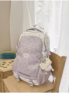 Koreaanse stijl zoete forens rugzak met sterren patroon en pluche strik hanger, hoge kwaliteit.