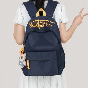 Navy blue canvas backpack with embroidered letters, large capacity student school bag casual daypack
