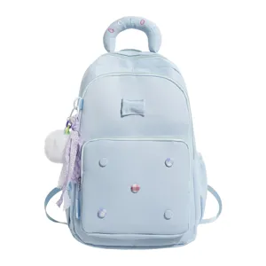 Lichtblauwe studenten rugzak met pompon hanger, schattige casual schooltas voor meisjes.