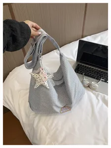 Grijs-witte ruitjes schoudertas, casual slouchy crossbody tas met sterhanger voor vrouwen.