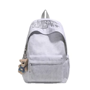 Grey canvas backpack for women large capacity school bag casual travel daypack with cute bear