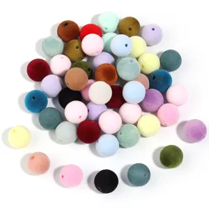Perles rondes floquées multicolores de 16mm, pompons en velours pour bijoux et loisirs créatifs.