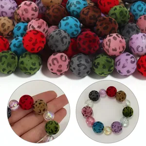 Perles rondes floquees leopard 16mm avec grand trou pour bracelets accessoires DIY