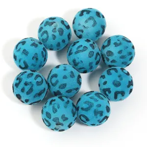 Perles rondes floconnées imprimé léopard bleu 16mm, grand trou accessoires bijoux DIY.