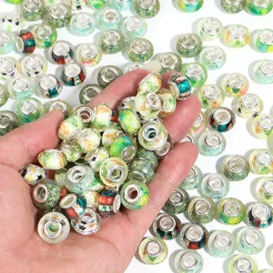 Resin faceted charm beads with large holes, colorful DIY art patterns for bracelets and necklaces.
