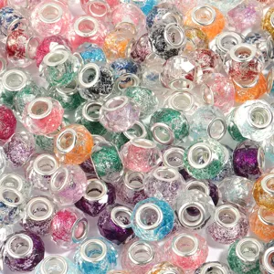 Colorful faceted resin charm beads with large metal core for DIY bracelet making detail view.
