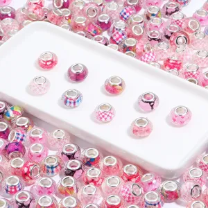 Resin faceted large hole charm beads for DIY bracelets, pink European style DIY spacer beads.