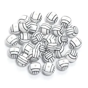 Silicone volleyball beads white black round sports pattern loose beads for DIY handmade bracelets