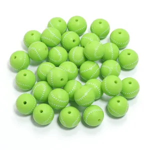 Green silicone baseball beads for DIY handmade bracelets, sports themed spacer beads 5pcs