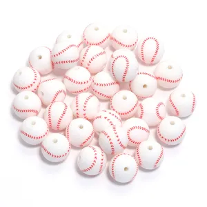Pack of white silicone baseball beads with red stitching for DIY handmade jewelry crafting.