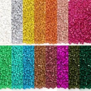 Detailed view of 2mm hexagonal glass seed beads in assorted vibrant colors for DIY jewelry crafting.