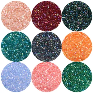 Closeup of 2mm tubular glass seed beads detail, colorful DIY handmade beading material.