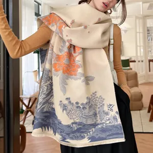 Chinese style imitation cashmere scarf, elegant floral and landscape print, warm winter shawl.