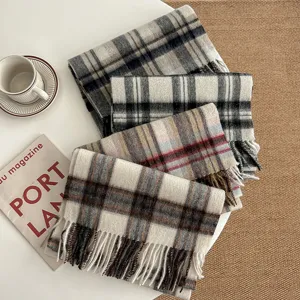 Classic British plaid wool scarf for autumn and winter, cozy tassel design, unisex warm winter shawl.