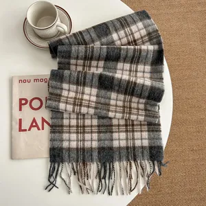 Detailed view of British style plaid wool scarf with classic tassels, warm winter accessory.
