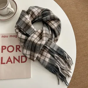 Cozy autumn winter plaid tassel scarf in grey brown, soft wool blend warm neck wrap detail.