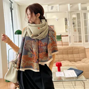Chinese style cashmere-feel scarf winter oversized shawl retro artistic landscape print warm wrap
