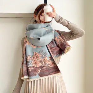 Detailed view of Chinese style landscape pattern oversized cashmere-feel winter scarf.