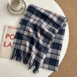Classic plaid winter scarf with fringe, warm tartan pattern neck wrap for daily wear.