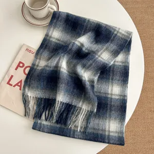 Classic blue and white plaid winter scarf with fringe, soft warm wool blend neckerchief.