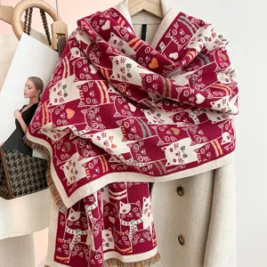 Detail view of cute cat pattern imitation cashmere scarf, warm winter accessory for women.