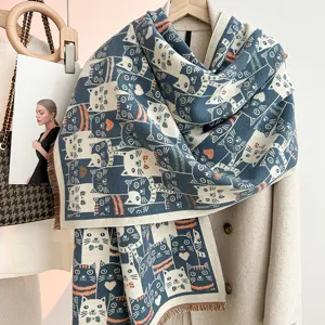 Women Winter Warm Faux Cashmere Scarf Cute Cartoon Cat Print Tassel Shawl Soft Casual Daily Outdoor Cold Weather Neck Scarf