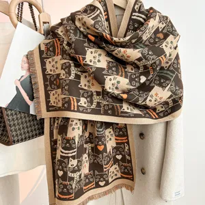 Fall winter cute cat print imitation cashmere scarf detail, cozy warm student fashion shawl.
