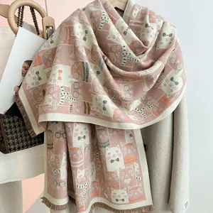 Cute cat pattern cashmere feel winter scarf, soft warm tassel wrap shawl for women and girls.
