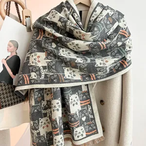 Cute cat pattern autumn winter cashmere feel warm scarf women fashion cozy shawl wrap