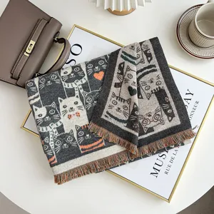 Fall winter cute cat pattern knit scarf soft warm cashmere feel shawl for women fashion