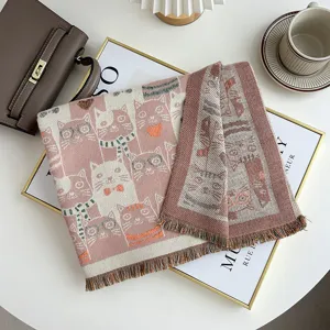 Cute cat pattern autumn winter cashmere feel scarf warm cozy versatile student fashion shawl