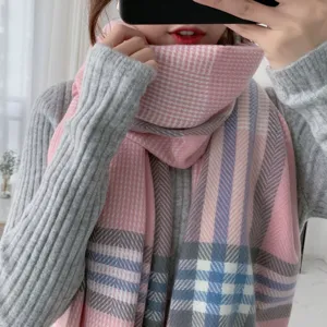 Pink plaid winter scarf, soft imitation cashmere shawl, cozy student style accessory.