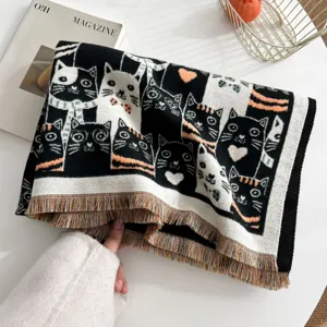 Cozy autumn winter knitted cat pattern scarf with tassels, soft warm fashion shawl for women.