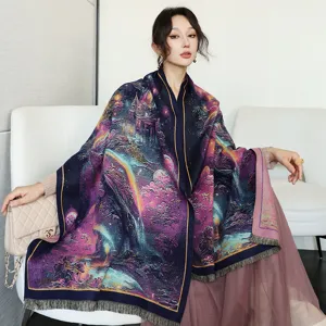Damen Winter Verdickter Warmer Schal Schal Vintage Ölgemälde Bedruckt Imitat Kaschmir Langer Wickel Modische Oberbekleidung