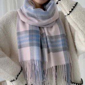 Autumn winter long plaid scarf for women, soft cashmere-feel student style shawl wrap.