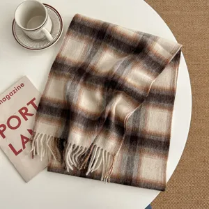 Brown plaid winter scarf with fringe, soft warm cashmere feel neck wrap shawl for women.